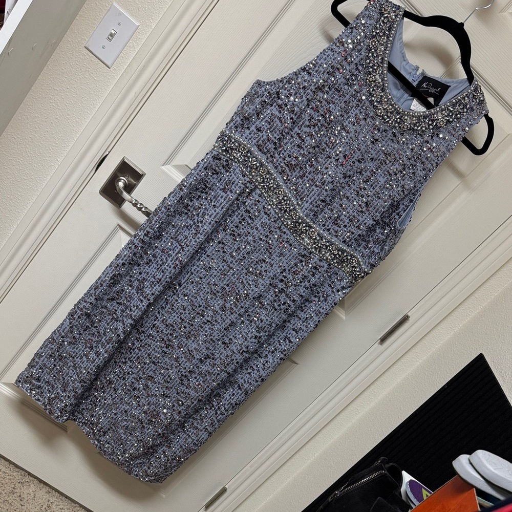 Mac Duggal Sparkling Gray blue Midi Dress